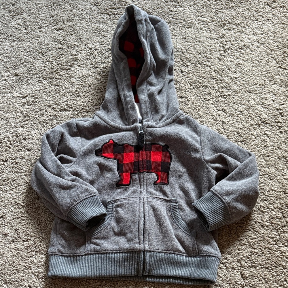 Carter's Gray Hoodie with Red Plaid Bear